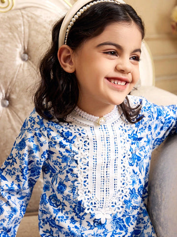 Girls Floral Tree Leaf Print Long Sleeve Ruffled Collar Dress, Blue Porcelain Color Scheme, Elegant & Graceful Style, Spring/Early Autumn