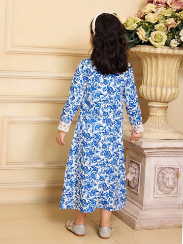 Girls Floral Tree Leaf Print Long Sleeve Ruffled Collar Dress, Blue Porcelain Color Scheme, Elegant & Graceful Style, Spring/Early Autumn
