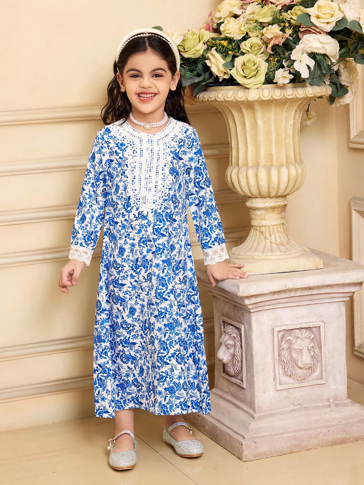 Girls Floral Tree Leaf Print Long Sleeve Ruffled Collar Dress, Blue Porcelain Color Scheme, Elegant & Graceful Style, Spring/Early Autumn