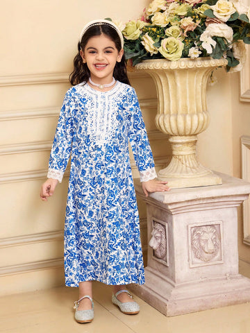 Girls Floral Tree Leaf Print Long Sleeve Ruffled Collar Dress, Blue Porcelain Color Scheme, Elegant & Graceful Style, Spring/Early Autumn