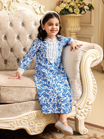 Girls Floral Tree Leaf Print Long Sleeve Ruffled Collar Dress, Blue Porcelain Color Scheme, Elegant & Graceful Style, Spring/Early Autumn