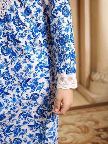 Girls Floral Tree Leaf Print Long Sleeve Ruffled Collar Dress, Blue Porcelain Color Scheme, Elegant & Graceful Style, Spring/Early Autumn