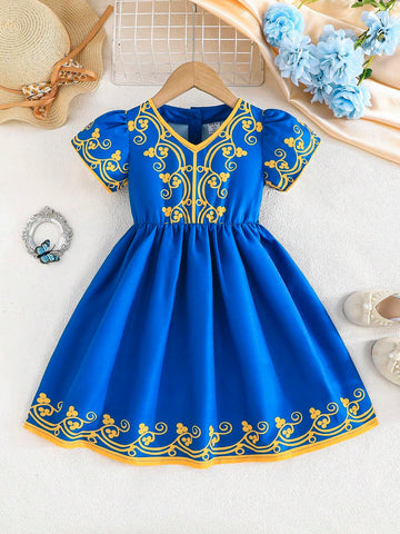 Girls' Floral V-Neck Puff Sleeve Elegant Tunic Dress, Spring & Summer