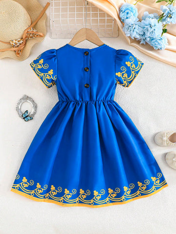 Girls' Floral V-Neck Puff Sleeve Elegant Tunic Dress, Spring & Summer