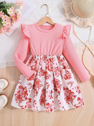 Girls Flower Print Patchwork Cap Sleeve Fashion Korean Style Long Sleeve Dress, Suitable For Spring And Autumn
