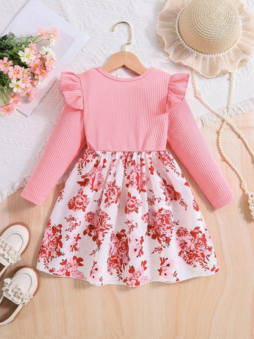 Girls Flower Print Patchwork Cap Sleeve Fashion Korean Style Long Sleeve Dress, Suitable For Spring And Autumn