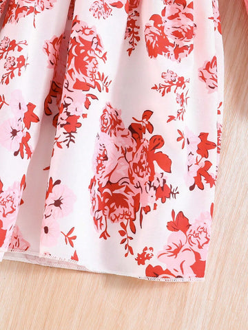 Girls Flower Print Patchwork Cap Sleeve Fashion Korean Style Long Sleeve Dress, Suitable For Spring And Autumn