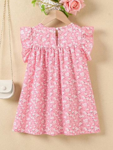 Girls' Flower Print Sleeveless Ruffle Hem Princess Dress, Round Neck, Summer Clothing For Kids
