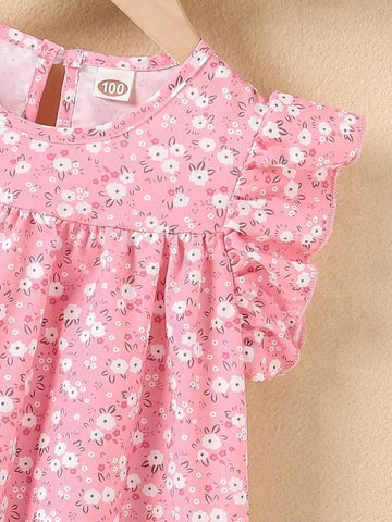 Girls' Flower Print Sleeveless Ruffle Hem Princess Dress, Round Neck, Summer Clothing For Kids