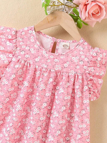 Girls' Flower Print Sleeveless Ruffle Hem Princess Dress, Round Neck, Summer Clothing For Kids
