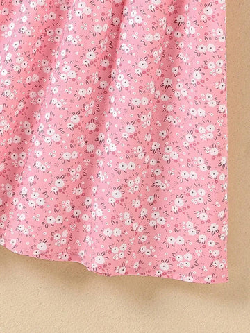 Girls' Flower Print Sleeveless Ruffle Hem Princess Dress, Round Neck, Summer Clothing For Kids
