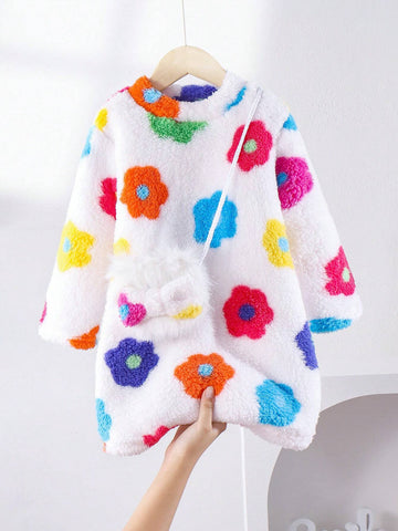 Girls Fluffy Floral Dress With Fuzzy Crossbody Bag, Multicolored, Suitable For Autumn & Winter Daily Wear