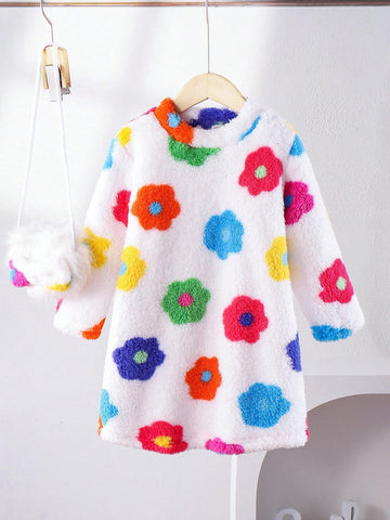 Girls Fluffy Floral Dress With Fuzzy Crossbody Bag, Multicolored, Suitable For Autumn & Winter Daily Wear
