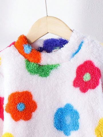 Girls Fluffy Floral Dress With Fuzzy Crossbody Bag, Multicolored, Suitable For Autumn & Winter Daily Wear