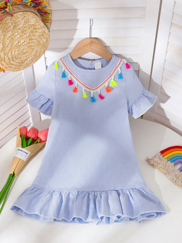 Girls Flutter Sleeve Striped Tassel Casual Dress, Summer