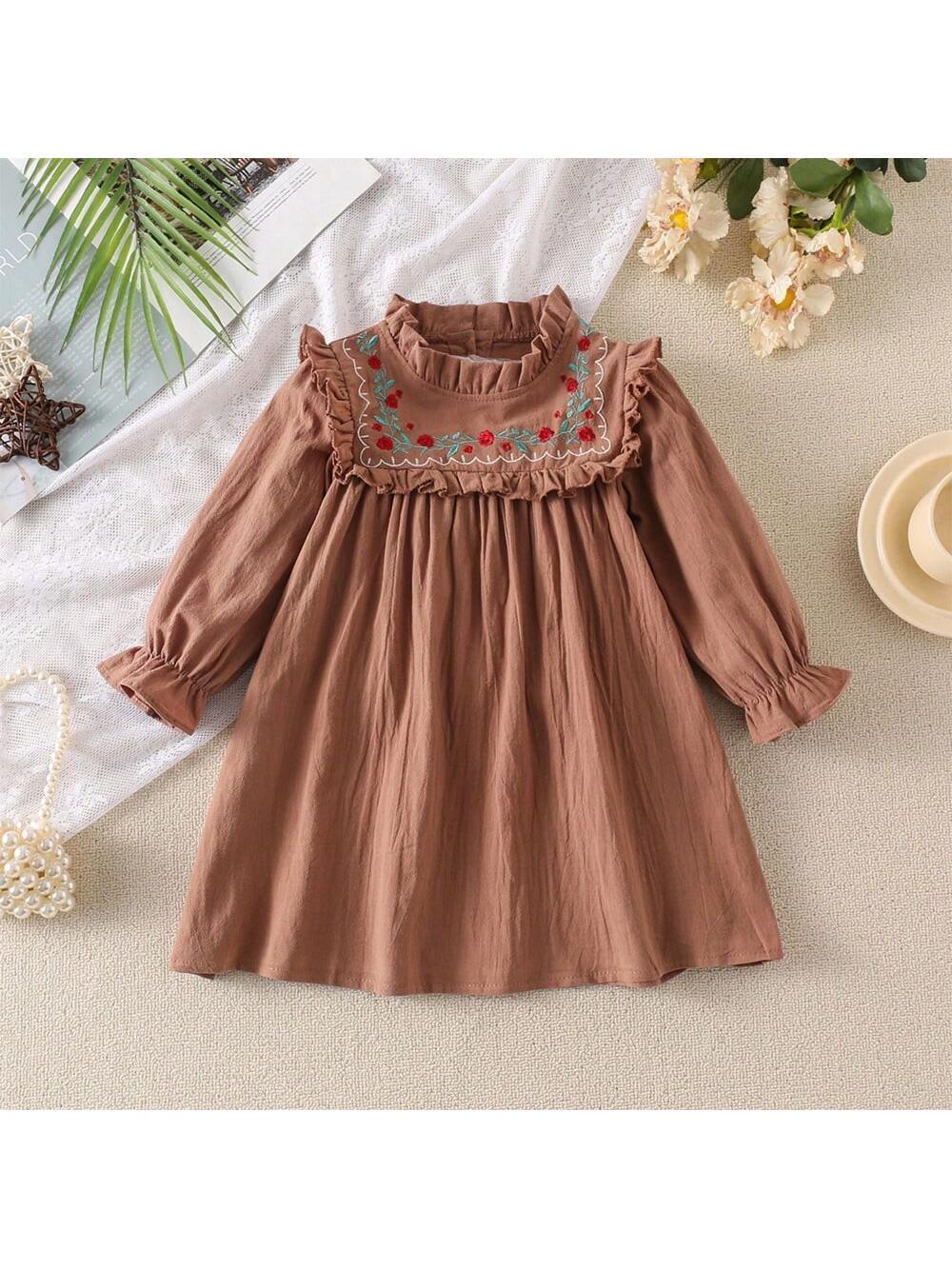 Girls' French Embroidered Floral Ruffled Collar Long Sleeve Princess Dress, Spring Autumn
