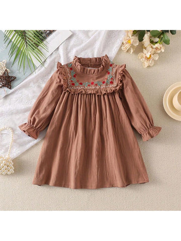 Girls' French Embroidered Floral Ruffled Collar Long Sleeve Princess Dress, Spring Autumn
