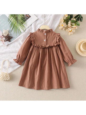 Girls' French Embroidered Floral Ruffled Collar Long Sleeve Princess Dress, Spring Autumn