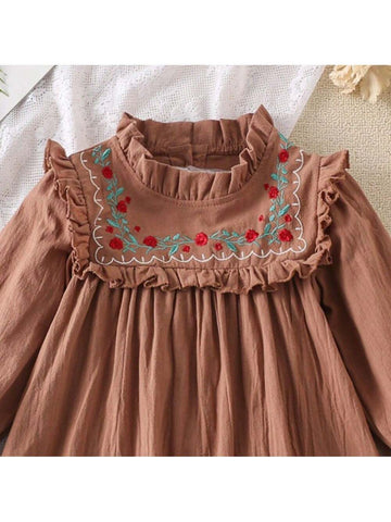 Girls' French Embroidered Floral Ruffled Collar Long Sleeve Princess Dress, Spring Autumn