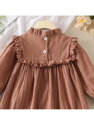 Girls' French Embroidered Floral Ruffled Collar Long Sleeve Princess Dress, Spring Autumn