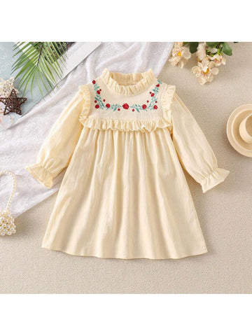 Girls French Style Embroidered Flower Collar Ruffle Long Sleeve Princess Dress, Spring/Autumn