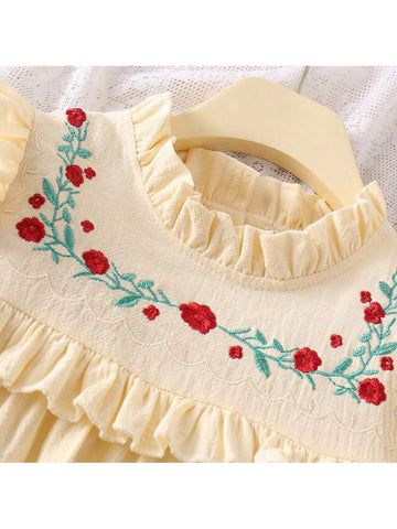 Girls French Style Embroidered Flower Collar Ruffle Long Sleeve Princess Dress, Spring/Autumn