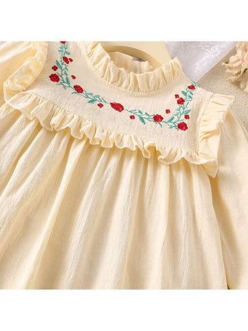 Girls French Style Embroidered Flower Collar Ruffle Long Sleeve Princess Dress, Spring/Autumn