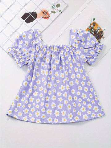 Girls Fresh Flowers Print Square Neck Blouse Shirt - Perfect For Spring And Summer