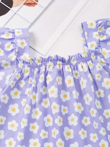 Girls Fresh Flowers Print Square Neck Blouse Shirt - Perfect For Spring And Summer