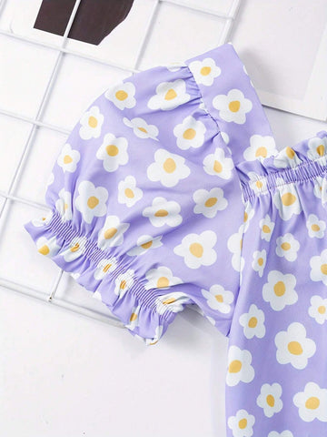 Girls Fresh Flowers Print Square Neck Blouse Shirt - Perfect For Spring And Summer