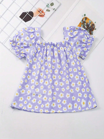 Girls Fresh Flowers Print Square Neck Blouse Shirt - Perfect For Spring And Summer