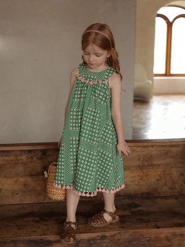 Girls' Fresh Polka Dot Printed Sleeveless Dress With Tassels, Cute Summer Dress