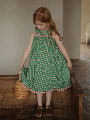 Girls' Fresh Polka Dot Printed Sleeveless Dress With Tassels, Cute Summer Dress