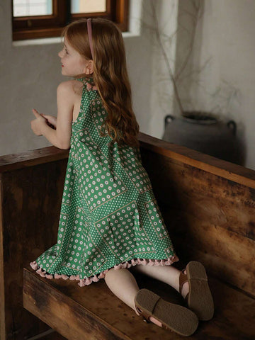 Girls' Fresh Polka Dot Printed Sleeveless Dress With Tassels, Cute Summer Dress