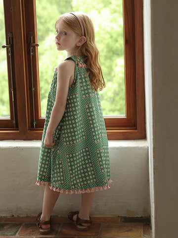 Girls' Fresh Polka Dot Printed Sleeveless Dress With Tassels, Cute Summer Dress