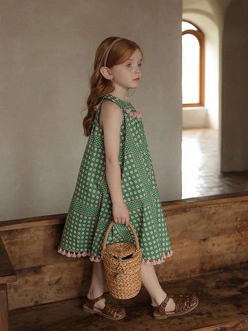 Girls' Fresh Polka Dot Printed Sleeveless Dress With Tassels, Cute Summer Dress