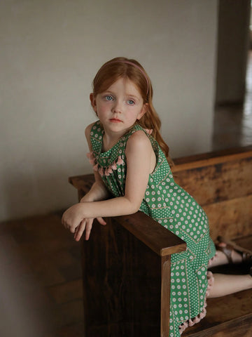 Girls' Fresh Polka Dot Printed Sleeveless Dress With Tassels, Cute Summer Dress
