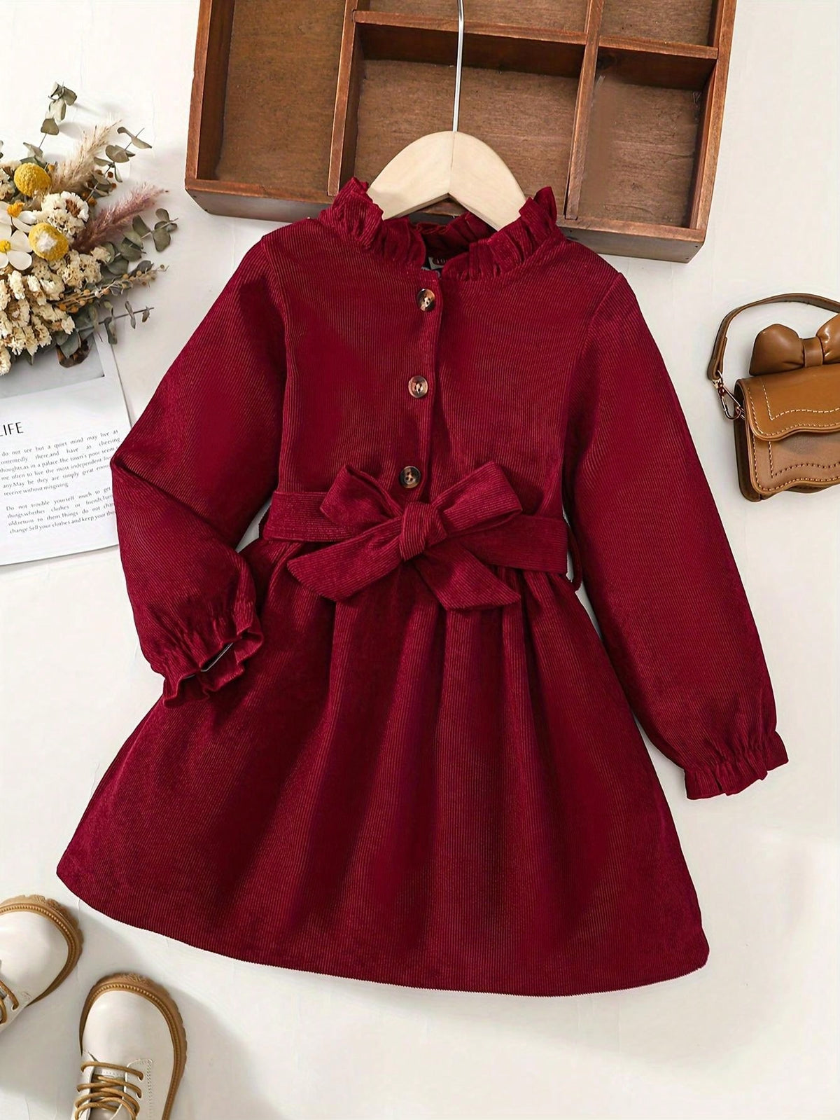 Girls Frill Neck Flounce Sleeve Belted Dress