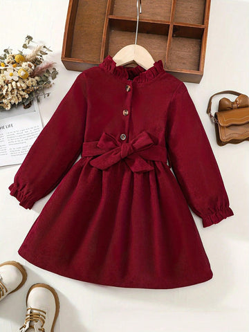 Girls Frill Neck Flounce Sleeve Belted Dress