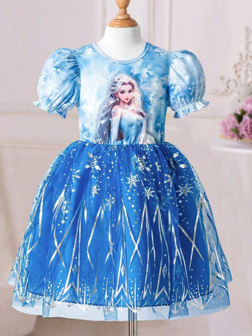 Girls Frozen Themed Princess Dress, Blue Ice & Snow Printed With Ruffled Tulle Skirt, Fairy Tale Fantasy Costume For Birthday Party