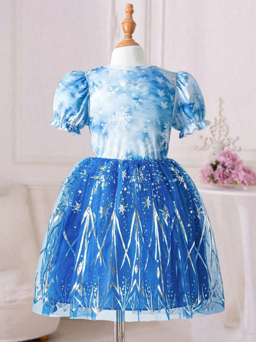 Girls Frozen Themed Princess Dress, Blue Ice & Snow Printed With Ruffled Tulle Skirt, Fairy Tale Fantasy Costume For Birthday Party