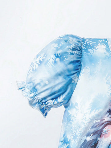 Girls Frozen Themed Princess Dress, Blue Ice & Snow Printed With Ruffled Tulle Skirt, Fairy Tale Fantasy Costume For Birthday Party