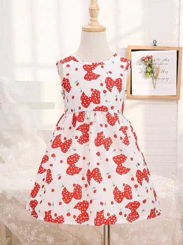 Girls' Full Print Dress With Large Bow Decoration And Butterfly Design