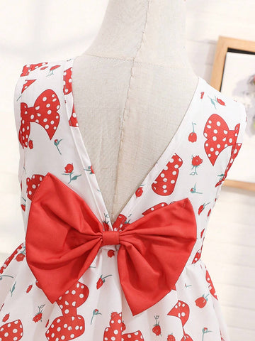 Girls' Full Print Dress With Large Bow Decoration And Butterfly Design