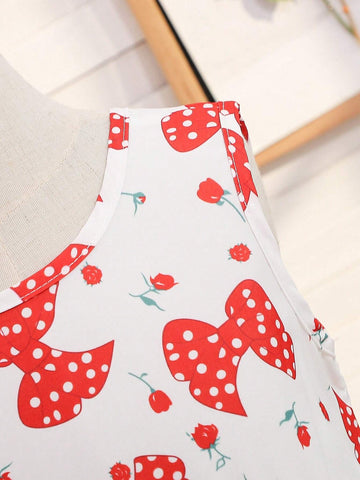 Girls' Full Print Dress With Large Bow Decoration And Butterfly Design