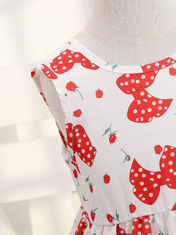 Girls' Full Print Dress With Large Bow Decoration And Butterfly Design