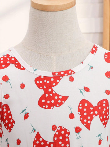 Girls' Full Print Dress With Large Bow Decoration And Butterfly Design