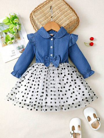 Girls' Full Season Dress, Daily Cute Peter Pan Collar Patchwork Bow Mesh Princess Dress