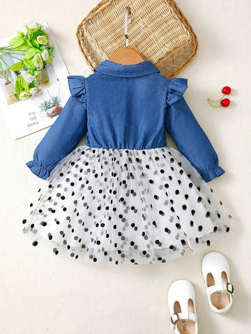 Girls' Full Season Dress, Daily Cute Peter Pan Collar Patchwork Bow Mesh Princess Dress
