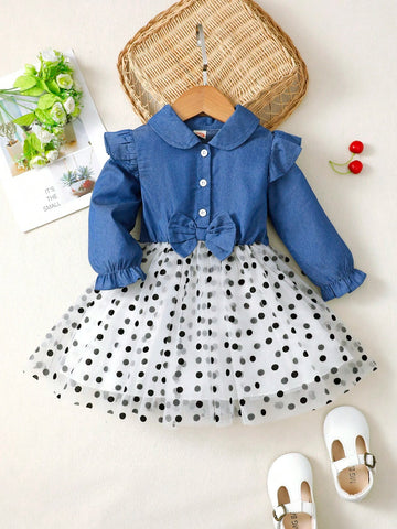 Girls' Full Season Dress, Daily Cute Peter Pan Collar Patchwork Bow Mesh Princess Dress